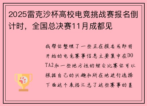 2025雷克沙杯高校电竞挑战赛报名倒计时，全国总决赛11月成都见